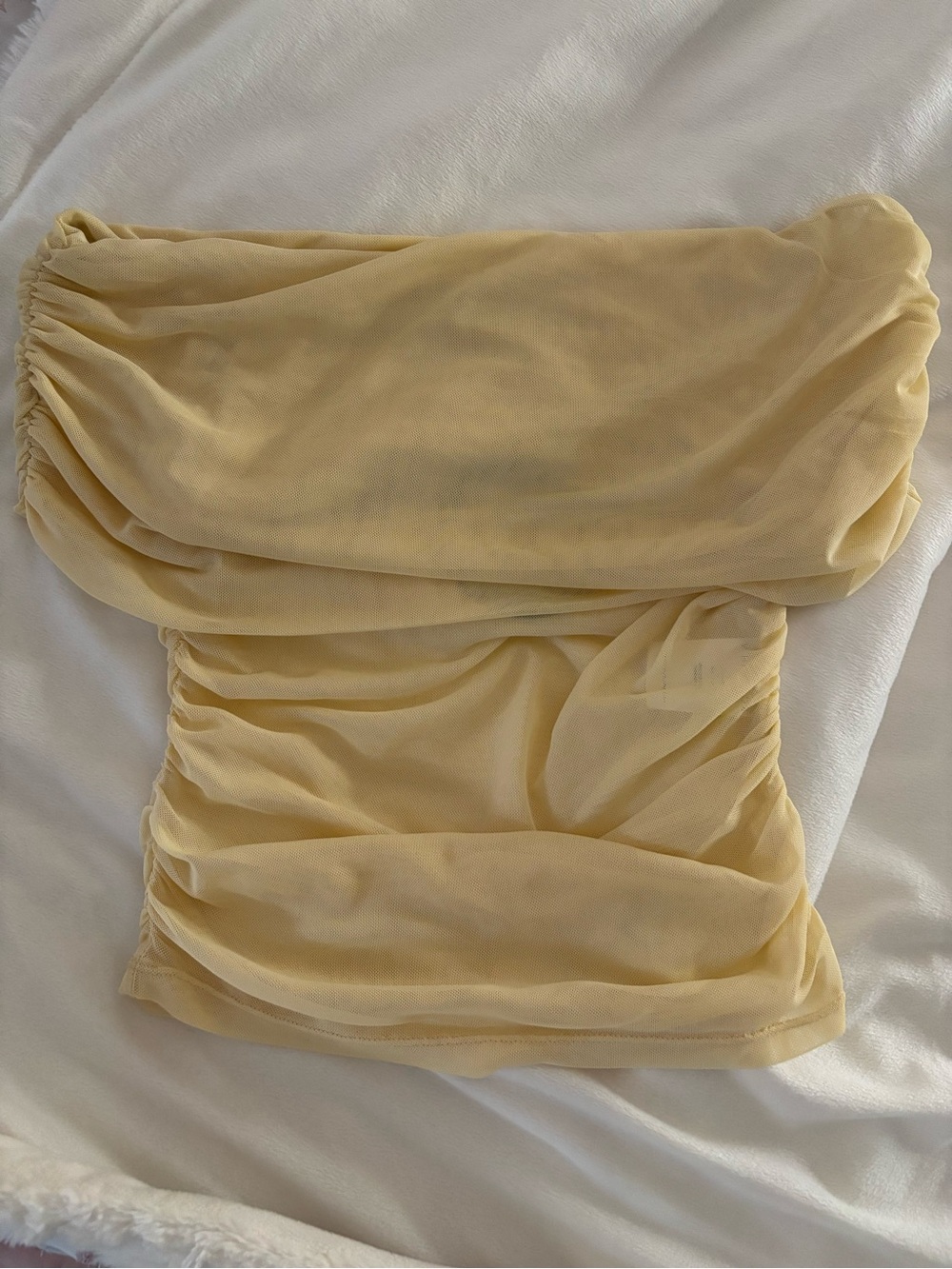 White Fox Show Out Mesh Top Off The Shoulder Top in Pale Yellow